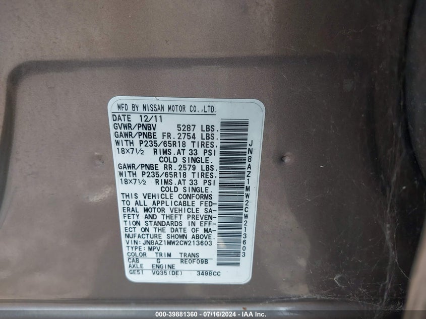 2012 Nissan Murano Sl VIN: JN8AZ1MW2CW213603 Lot: 39881360