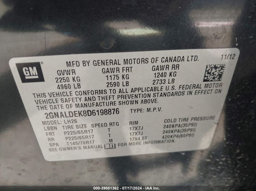 2013 Chevrolet Equinox 1Lt VIN: 2GNALDEK8D6198876 Lot: 39881362