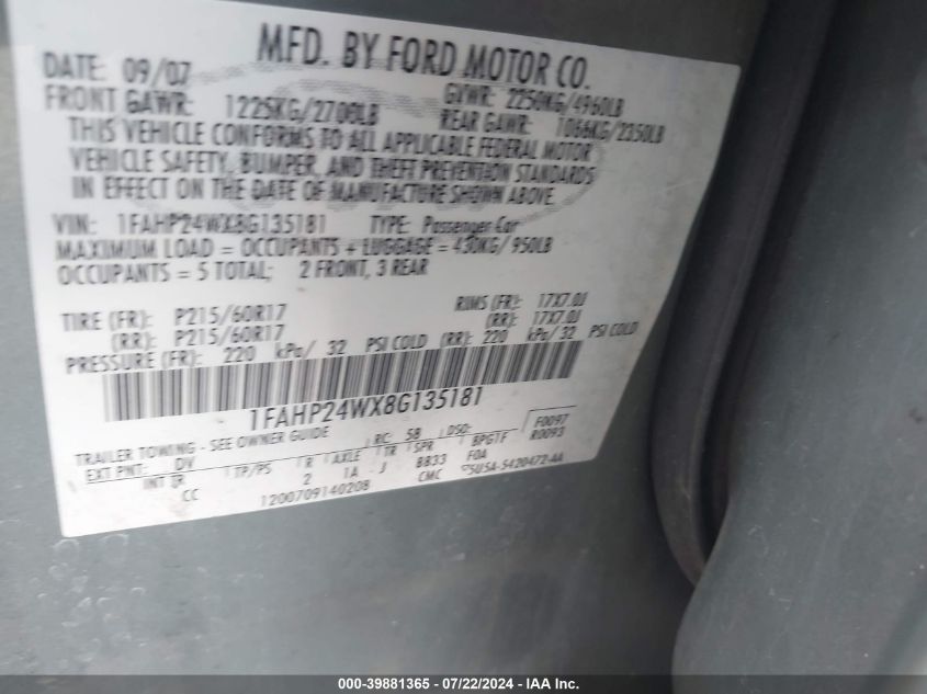 2008 Ford Taurus Sel VIN: 1FAHP24WX8G135181 Lot: 39881365