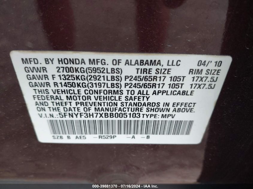 2011 Honda Pilot Ex-L VIN: 5FNYF3H7XBB005103 Lot: 39881370