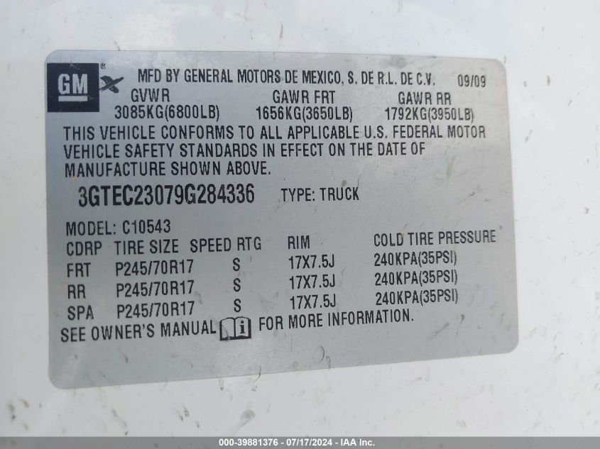 2009 GMC Sierra 1500 Sle VIN: 3GTEC23079G284336 Lot: 39881376