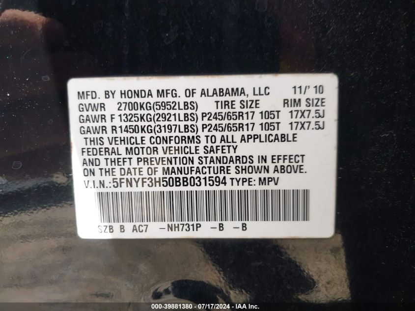2011 Honda Pilot Ex-L VIN: 5FNYF3H50BB031594 Lot: 39881380