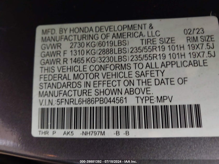 VIN 5FNRL6H86PB044561 2023 HONDA ODYSSEY TOURING