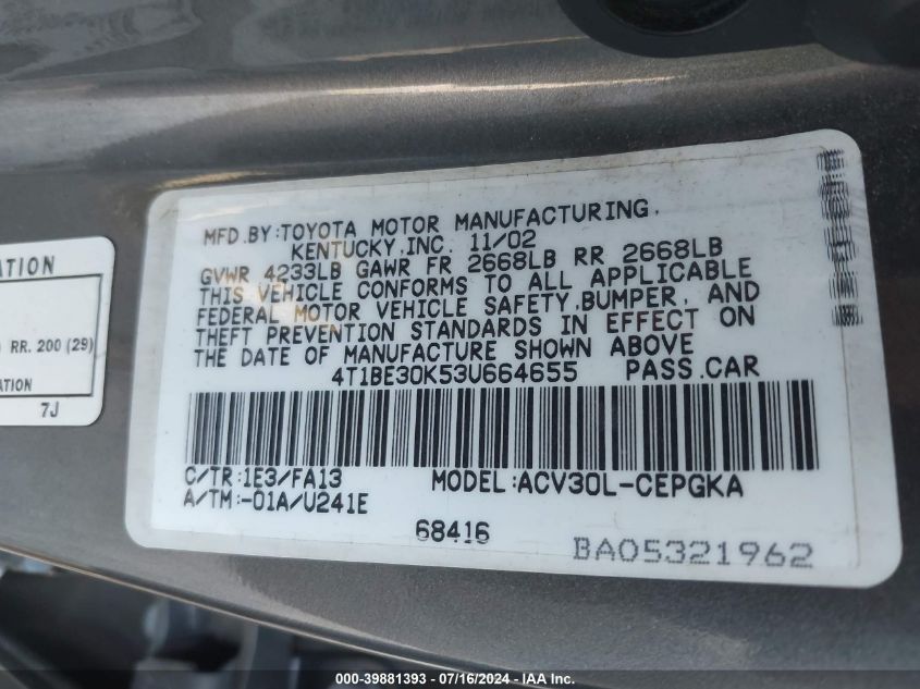 2003 Toyota Camry Le/Xle/Se VIN: 4T1BE30K53U664655 Lot: 39881393