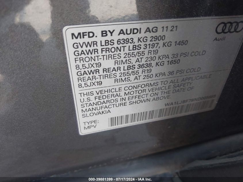2022 Audi Q7 Premium Plus VIN: WA1LJBF79ND005685 Lot: 39881399