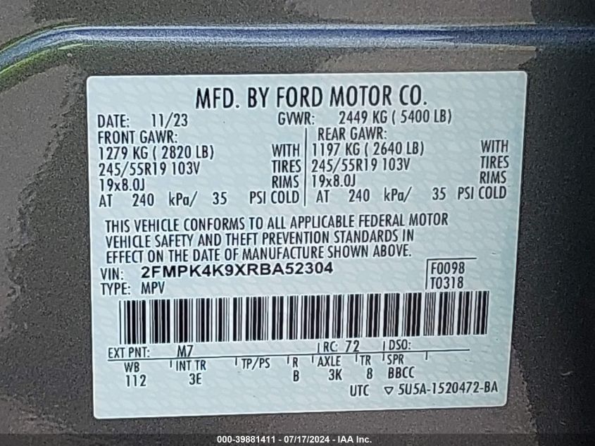 2024 Ford Edge Titanium VIN: 2FMPK4K9XRBA52304 Lot: 39881411