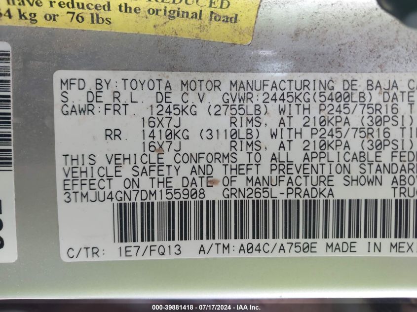 2013 Toyota Tacoma Prerunner V6 VIN: 3TMJU4GN7DM155908 Lot: 39881418
