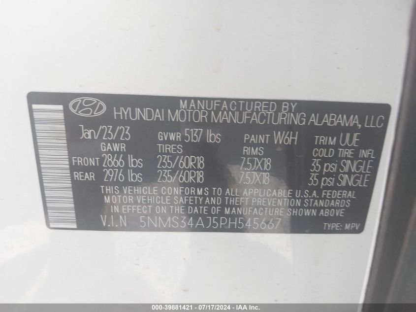 2023 Hyundai Santa Fe Sel VIN: 5NMS34AJ5PH545667 Lot: 39881421