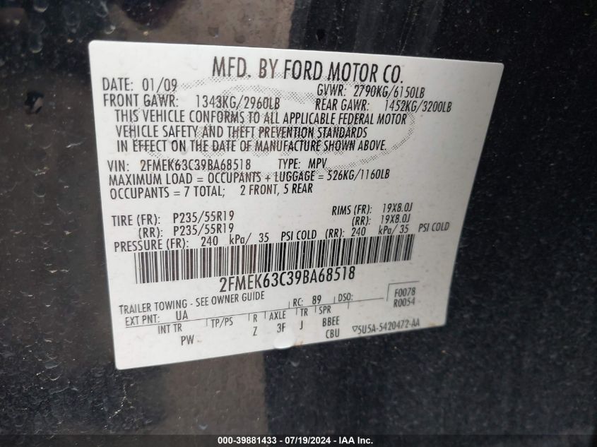 2009 Ford Flex Limited VIN: 2FMEK63C39BA68518 Lot: 39881433