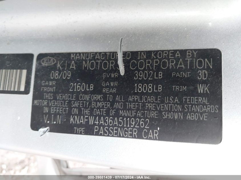 2010 Kia Forte Sx VIN: KNAFW4A36A5119262 Lot: 39881439