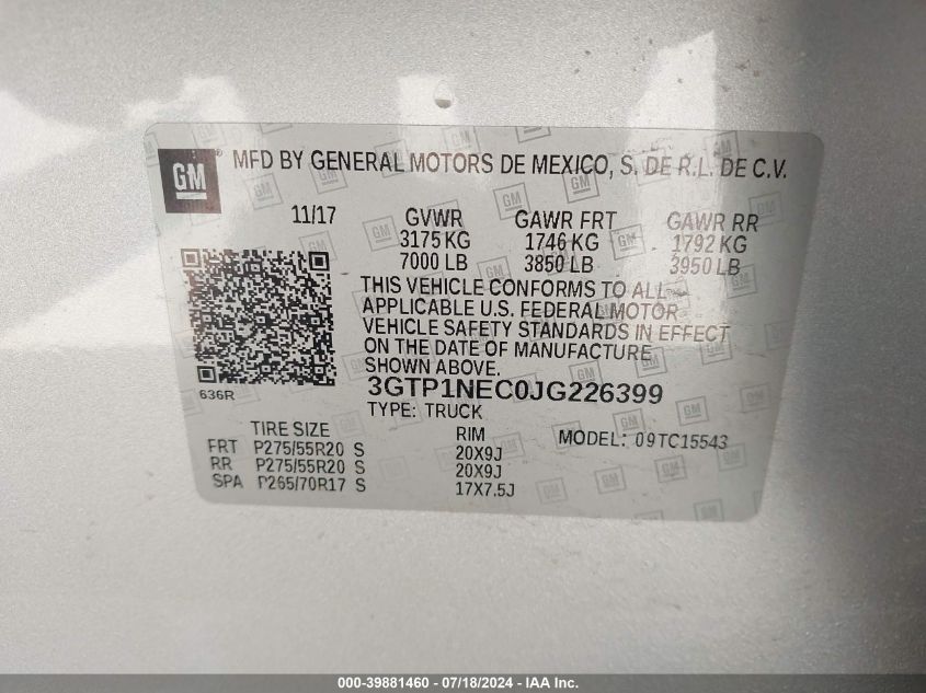 2018 GMC Sierra 1500 C1500 Slt VIN: 3GTP1NEC0JG226399 Lot: 39881460