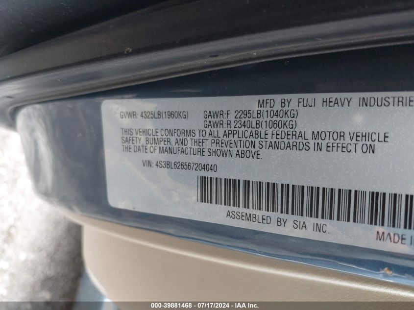 2006 Subaru Legacy 2.5I/2.5I Limited VIN: 4S3BL626567204040 Lot: 39881468