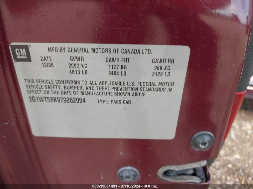 2007 Chevrolet Impala Lt VIN: 2G1WT58K979262094 Lot: 39881491