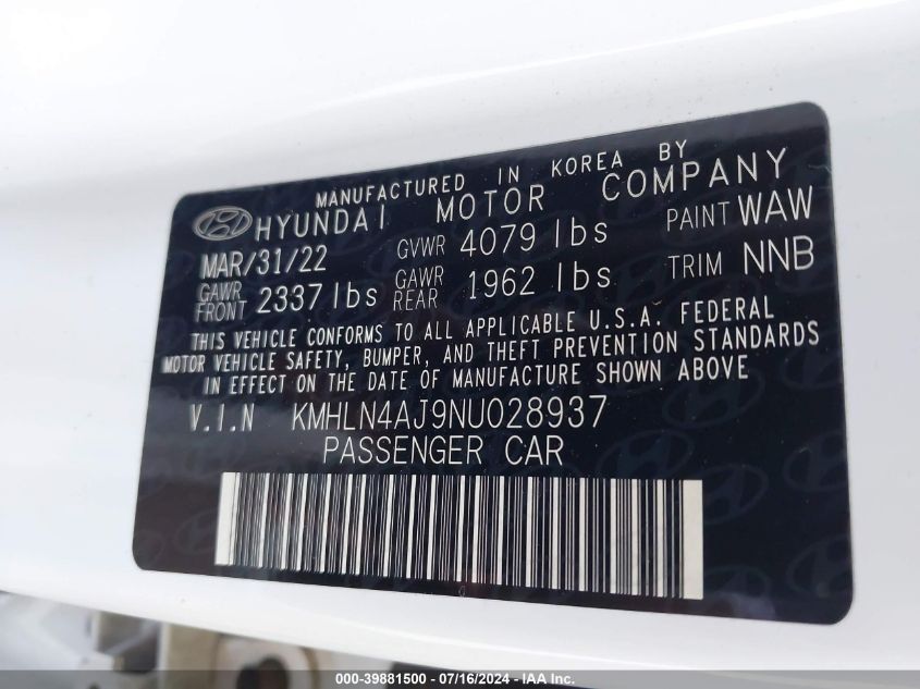 2022 Hyundai Elantra Hybrid Limited VIN: KMHLN4AJ9NU028937 Lot: 39881500