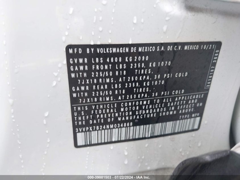 2022 Volkswagen Taos 1.5T Se VIN: 3VVPX7B24NM034868 Lot: 39881503