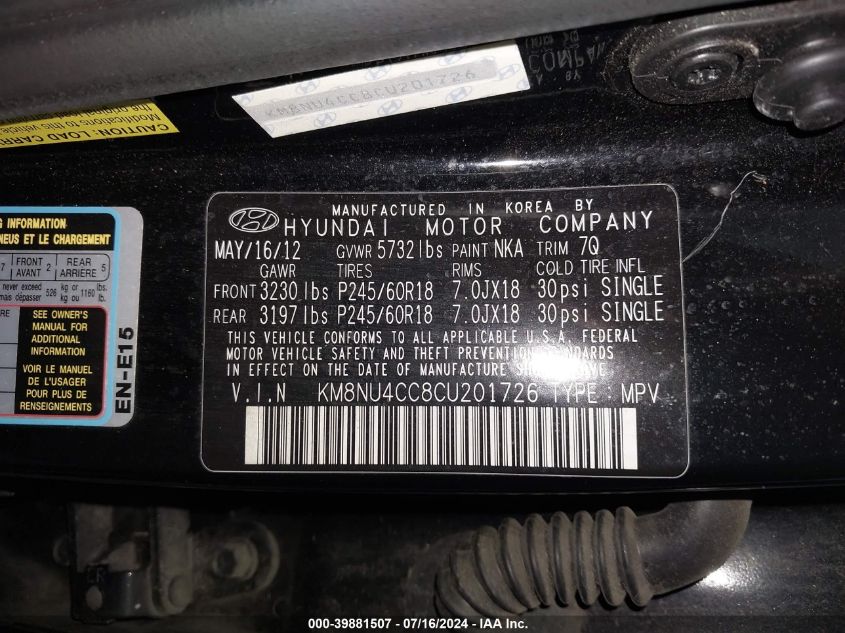 2012 Hyundai Veracruz Limited VIN: KM8NU4CC8CU201726 Lot: 39881507