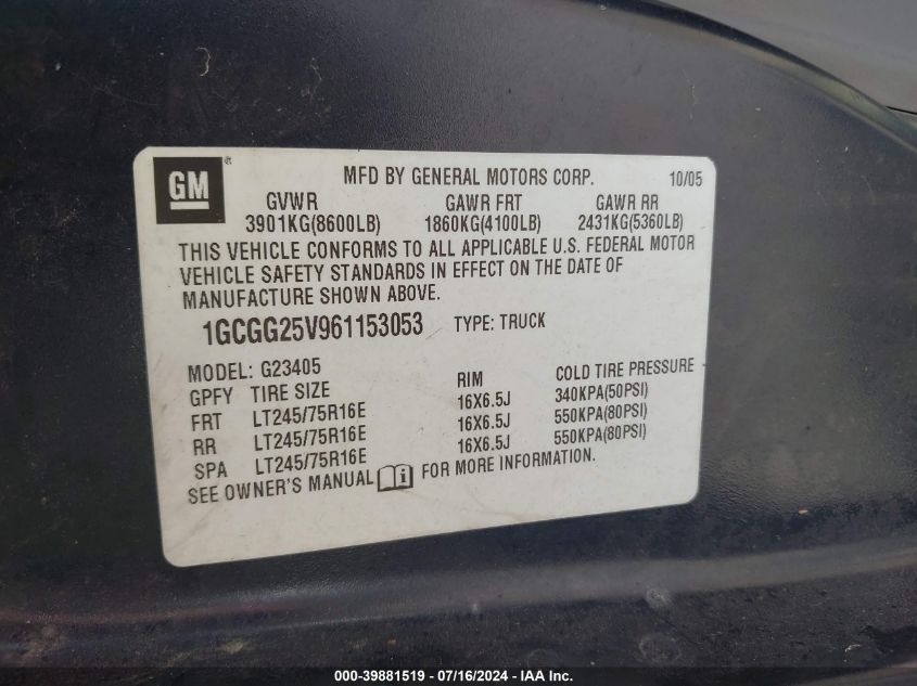 2006 Chevrolet Express Work Van VIN: 1GCGG25V961153053 Lot: 39881519