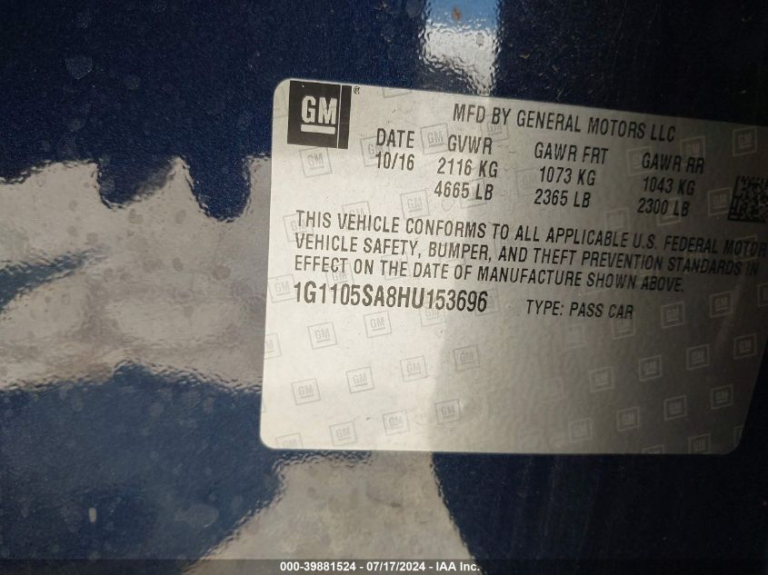 2017 Chevrolet Impala 1Lt VIN: 1G1105SA8HU153696 Lot: 39881524