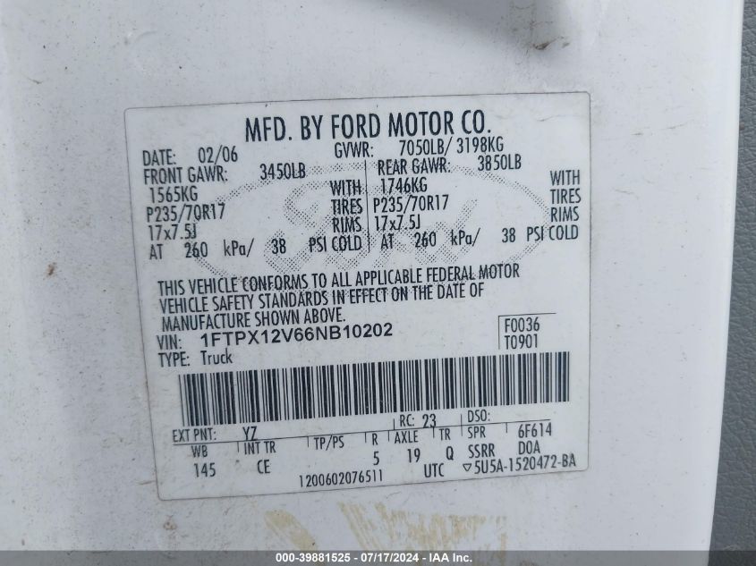 2006 Ford F-150 Lariat/Xl/Xlt VIN: 1FTPX12V66NB10202 Lot: 39881525