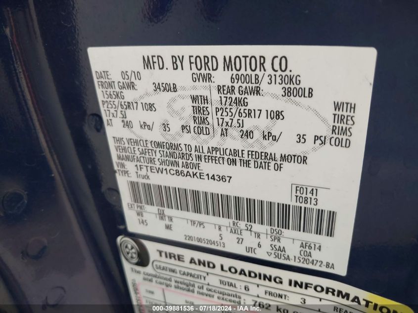 2010 Ford F-150 Fx2 Sport/Xl/Xlt VIN: 1FTEW1C86AKE14367 Lot: 39881536