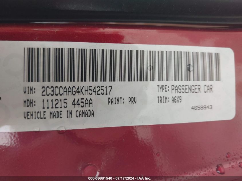 2019 Chrysler 300 Touring L VIN: 2C3CCAAG4KH542517 Lot: 39881540