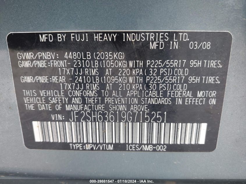 2009 Subaru Forester 2.5X VIN: JF2SH63619G715251 Lot: 39881547