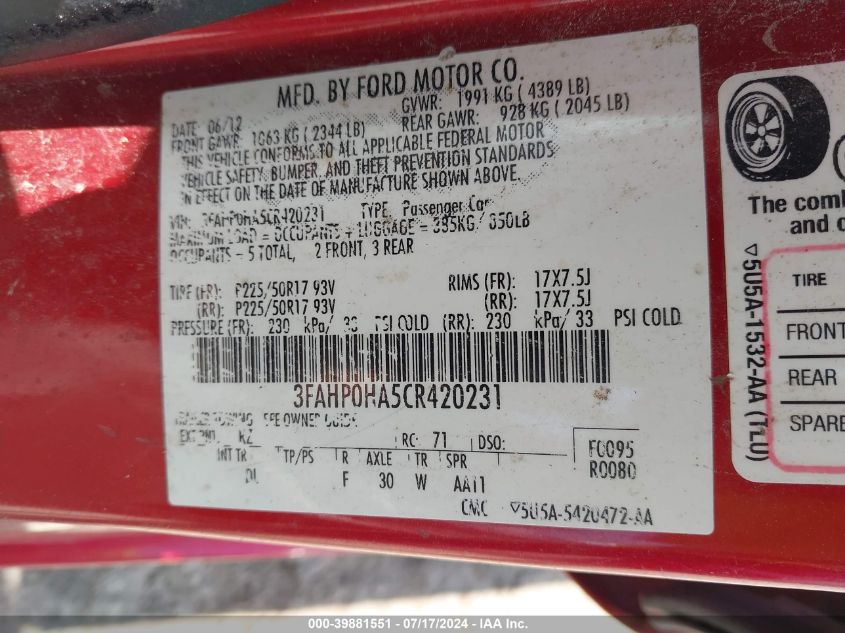 2012 Ford Fusion Se VIN: 3FAHP0HA5CR420231 Lot: 39881551