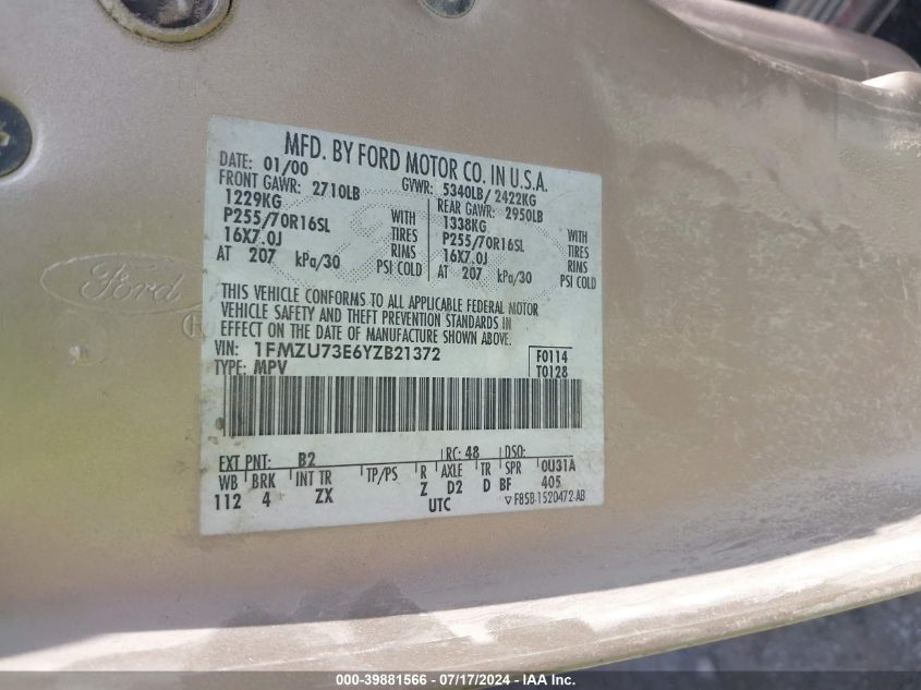 2000 Ford Explorer Xlt VIN: 1FMZU73E6YZB21372 Lot: 39881566