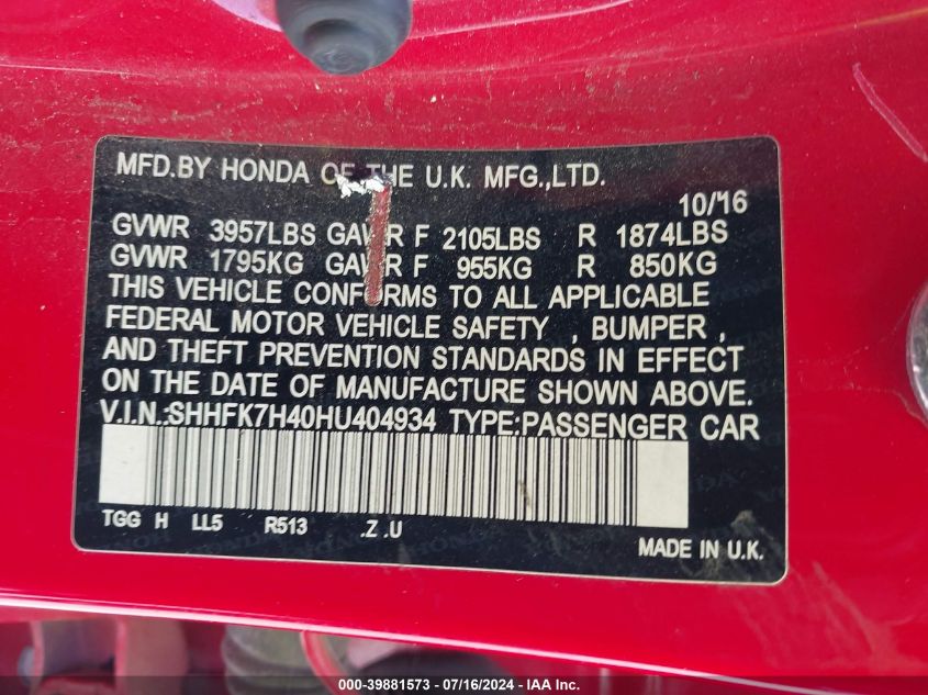 2017 HONDA CIVIC SPORT - SHHFK7H40HU404934