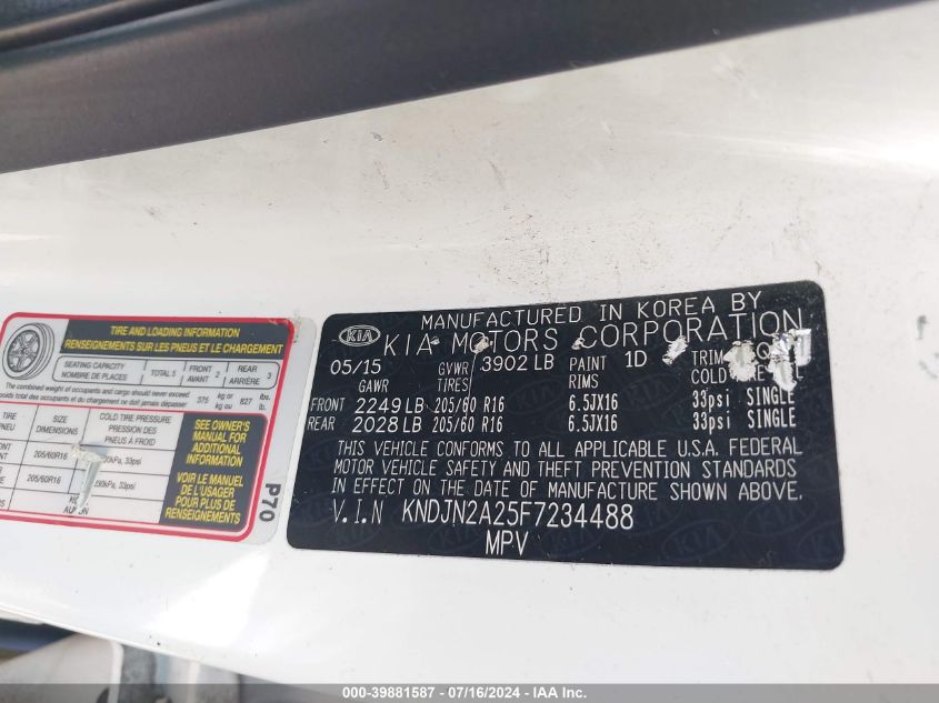 2015 Kia Soul VIN: KNDJN2A25F7234488 Lot: 39881587