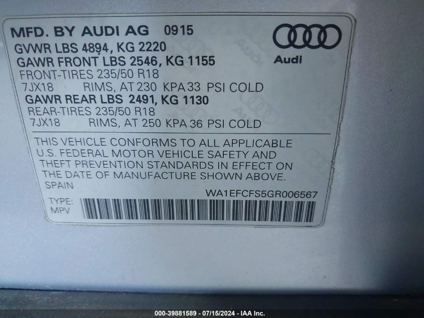 2016 Audi Q3 2.0T Premium Plus VIN: WA1EFCFS5GR006567 Lot: 39881589