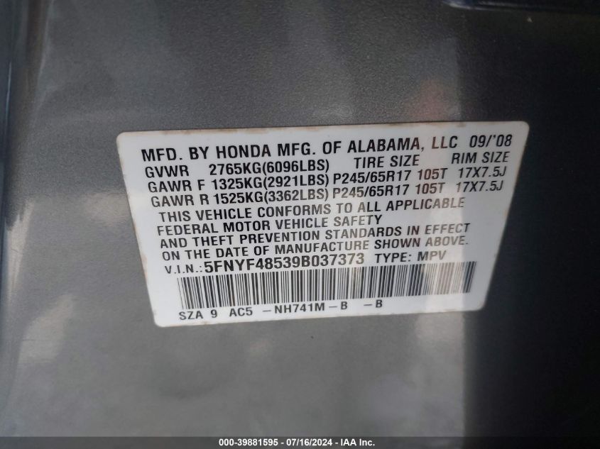 2009 Honda Pilot Ex-L VIN: 5FNYF48539B037373 Lot: 39881595