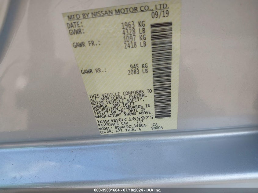 2020 Nissan Altima S Fwd VIN: 1N4BL4BV0LC165975 Lot: 39881604