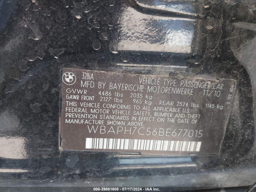 2011 BMW 328I VIN: WBAPH7C56BE677015 Lot: 39881605