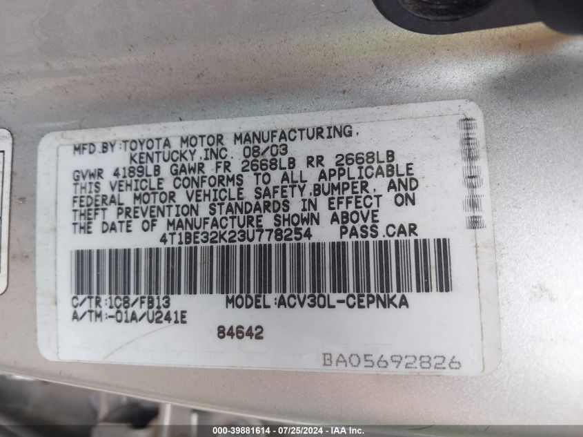 2003 Toyota Camry Le VIN: 4T1BE32K23U778254 Lot: 39881614