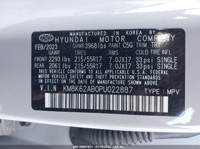 2023 Hyundai Kona Sel VIN: KM8K62AB0PU022887 Lot: 39881621