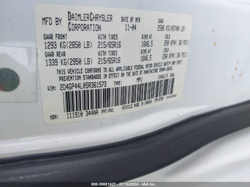 2005 Dodge Grand Caravan Sxt VIN: 2D4GP44L05R361573 Lot: 39881627