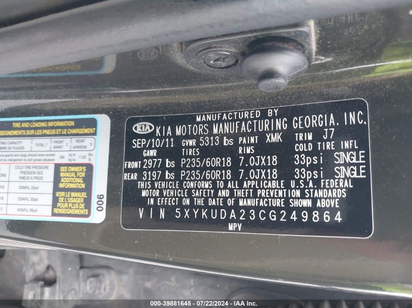 2012 Kia Sorento Ex V6 VIN: 5XYKUDA23CG249864 Lot: 39881645