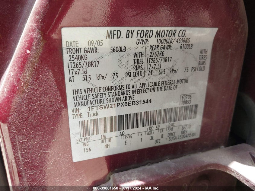 2006 Ford F-250 Lariat/Xl/Xlt VIN: 1FTSW21PX6EB31544 Lot: 39881650