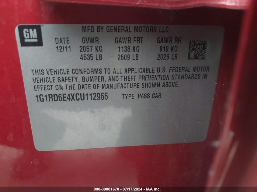 2012 Chevrolet Volt VIN: 1G1RD6E4XCU112966 Lot: 39881670