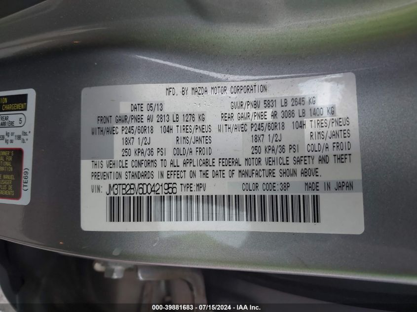 2013 Mazda Cx-9 Sport VIN: JM3TB2BV6D0421956 Lot: 39881683