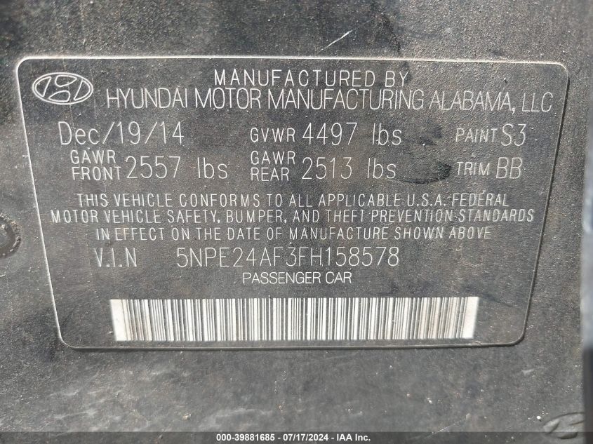 2015 Hyundai Sonata Se VIN: 5NPE24AF3FH158578 Lot: 39881685