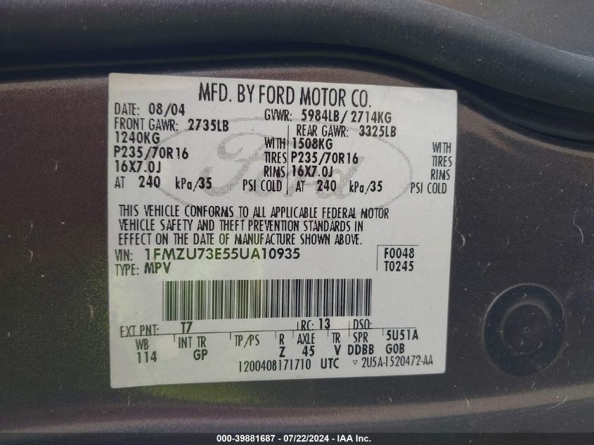 2005 Ford Explorer Xlt/Xlt Sport VIN: 1FMZU73E55UA10935 Lot: 39881687