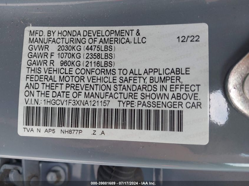 2022 Honda Accord Sport VIN: 1HGCV1F3XNA121157 Lot: 39881689