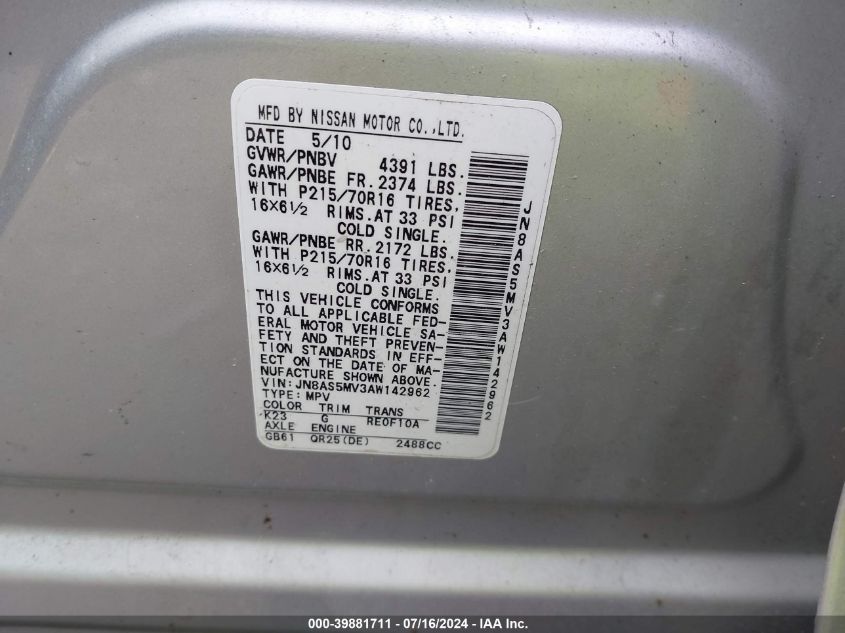 2010 Nissan Rogue S VIN: JN8AS5MV3AW142962 Lot: 39881711