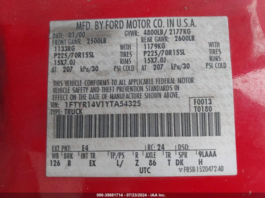 2000 Ford Ranger Super Cab VIN: 1FTYR14V1YTA54325 Lot: 39881714