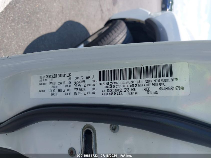 2012 Ram 1500 Sport VIN: 1C6RD7MTXCS112250 Lot: 39881723