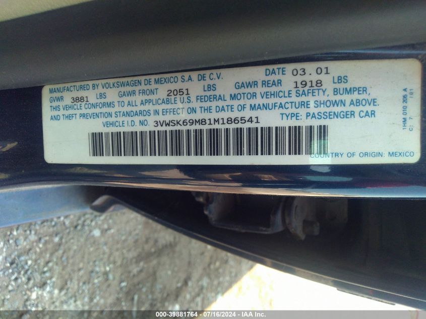 2001 Volkswagen Jetta Gls VIN: 3VWSK69M81M186541 Lot: 39881764