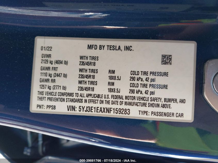 2022 Tesla Model 3 Rear-Wheel Drive VIN: 5YJ3E1EAXNF159283 Lot: 39881766