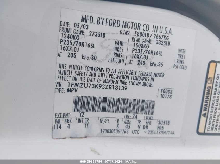 2003 Ford Explorer Nbx/Xlt VIN: 1FMZU73K93ZB18139 Lot: 39881784